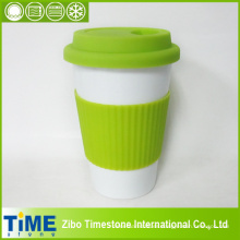 Taza de café de cerámica con tapa y banda de silicona (TM010610)